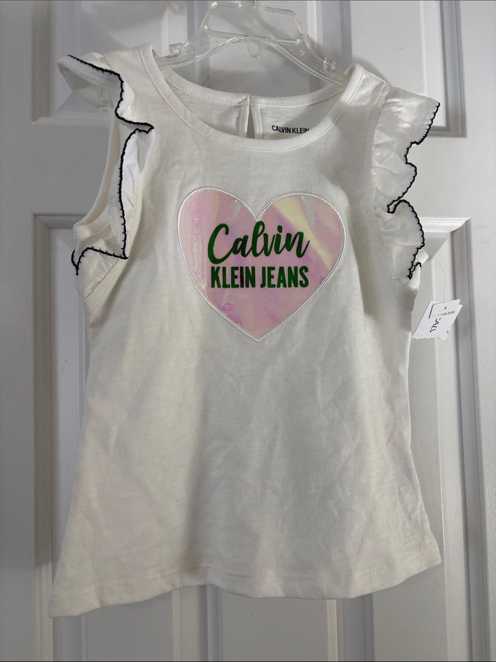 Calvin Klein White Tank with Pastel Pink Heart and Green Logo
